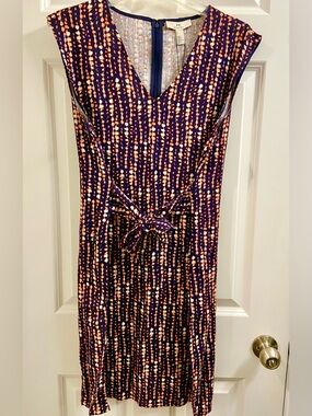 NWT Women's Halston Sleeveless Dress Medium V Neck Belted Zip Up Navy Multi Dot